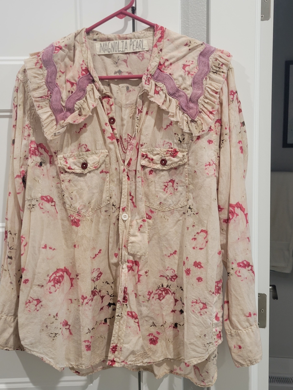 Magnolia Pearl Women's Pink Floral Ruffle Collar Jacket